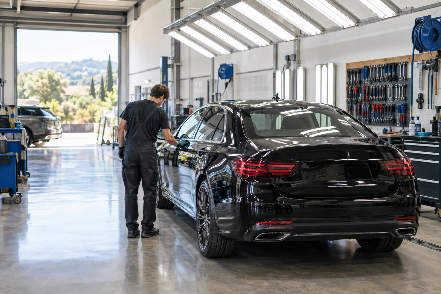 Atelier de carrosserie lumineux : un carrossier contrôle la portière d'une berline noire, collines calcaires visibles par la porte ouverte