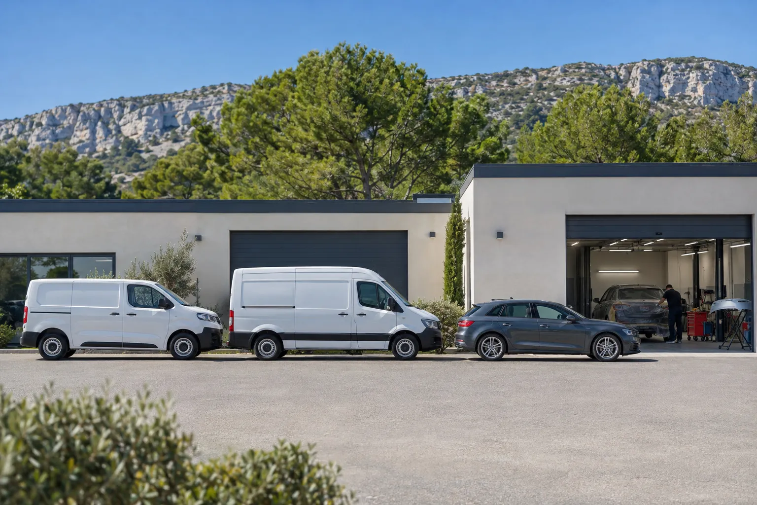Parking d'une zone d'activité provençale : bâtiments bas à toit plat, quelques véhicules garés en ligne, pins d'Alep et une crête calcaire en fond.