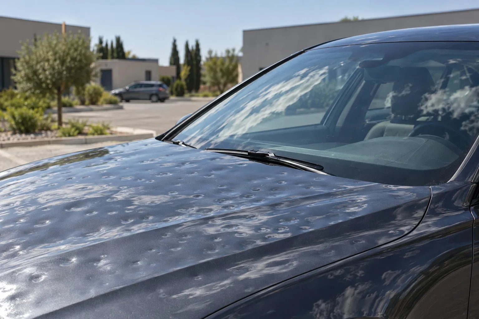 Capot d'une berline sombre criblé de petits impacts de grêle, reflets du ciel déformés, sur un parking de zone d'activité.